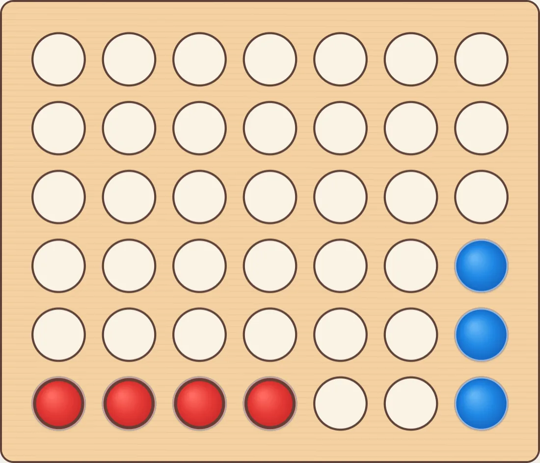 Tablero de cuatro en raya con cuatro fichas rojas en línea horizontal